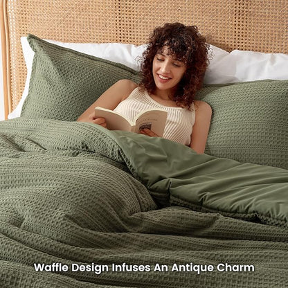 PHF Soft Waffle Comforter Set Twin Size- Comfy Breathable Waffle Weave Comforter with 1 Pillow Shams, 2 Pieces Less Snagging Lightweight Textured Bedding Set for All Season, Olive Green
