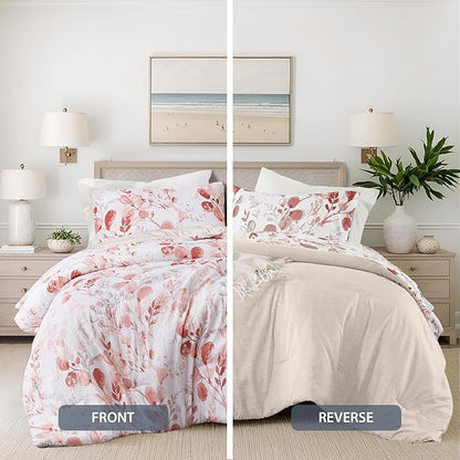 Lightweight Seersucker Botanical Comforter Set King Size, Reversible Design with Striped Print, Premium Microfiber Bedding Set, Comforter and Sham Set, Pink