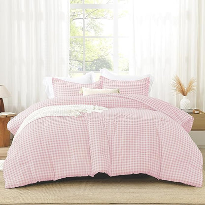 Andency Pink Gingham Comforter Set Queen(90x90Inch), Blush Checkered Grid Plaid Buffalo Bed Set for Girls Boys Kids Teens, 3 Pieces Lightweight Microfiber Geometric Preppy Bedding