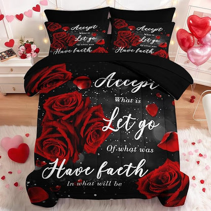 Nesker 7 Pcs Valentine's Day Comforter Set Queen Size, Romantic Red Rose Bedding Set for Kids and Adults, Happy Sweet Love Sheets Bed Sheet Sets with Fitted Sheet 2 Pillowcases & 2 Shams