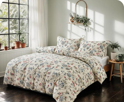 SLEEPBELLA Queen Size Comforter Set Teal & Red Botanical Pattern Printed on White 100% Cotton Fabric, Ultra Soft Microfiber Inner Fill 3Pcs Bedding Set