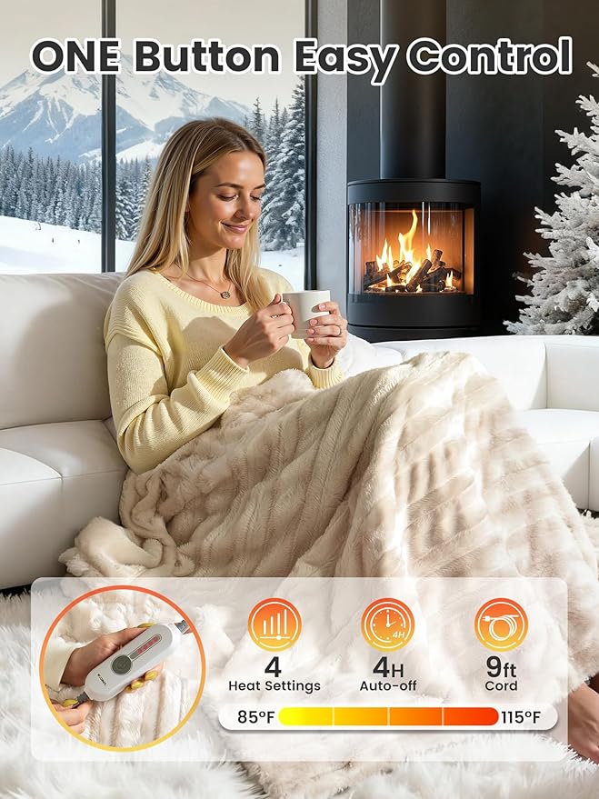 WOOMER Heated Blanket Throw 50" x 60", Electric Blanket Throw with 4 Heating Levels & 4H Auto Off, ETL Certified, White Double-Sided Velvet, Over-Heat Protect, Machine Washable