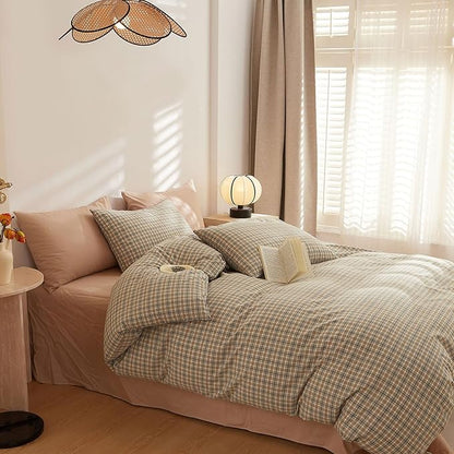 HighBuy Khaki Gingham Comforter Set Queen Modern Chic Plaid Comforter Set 3 Pieces Soft Fluffy Grid Checkered Patchwork Pattern Comforter with 2 Pillowcases Gingham Plaid Bedding Set Queen