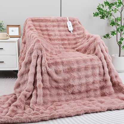 Heated Blanket Electric King- 100"x90" Soft Thick Bubble Electric Blanket for Sofa with 5 Heat Levels & 10 Hours Auto-Off Overheat Protection, Warm Cozy Gifts, Pink