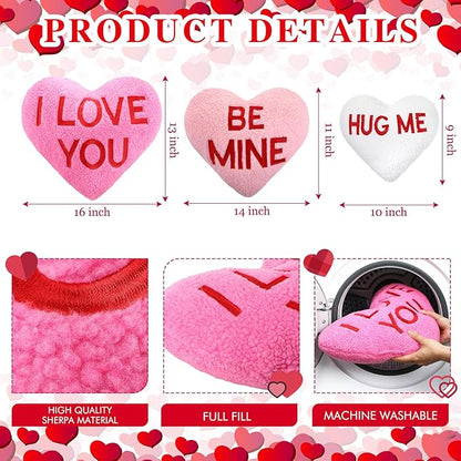 3 Pieces Sherpa Valentine‘s Day Heart Shaped Decorative Throw Pillow Red Pink Fluffy Love Decorative Cute Throw Pillows Aesthetic Coquette Room Decor for Gift Bed Sofa Couch (Printed Heart)
