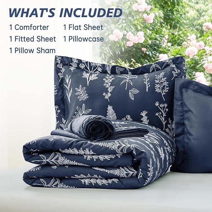 MUXHOMO Navy Blue Twin Comforter Set, Elegant Floral Print Bed in a Bag 5 Pieces, Ultra Soft & Breathable Reversible Botanical Pattern Bedding Set with Comforter, Sheets, Pillowcase, and Sham