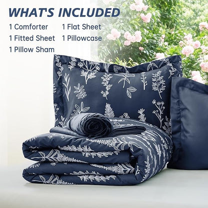 MUXHOMO Navy Blue Twin Comforter Set, Elegant Floral Print Bed in a Bag 5 Pieces, Ultra Soft & Breathable Reversible Botanical Pattern Bedding Set with Comforter, Sheets, Pillowcase, and Sham