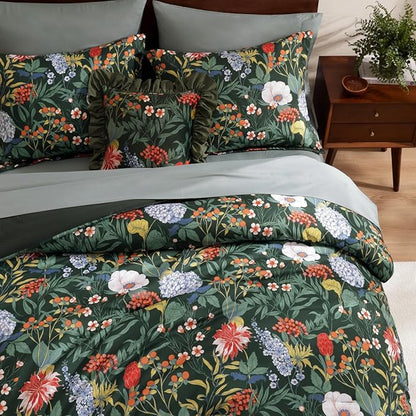 WRENSONGE Queen Comforter Set-7 Pieces Green Botanical Floral Bedding, Flowers Printed Design Queen Bed in a Bag with Botanical Flowers Comforter, Sheets, Pillowcases & Shams