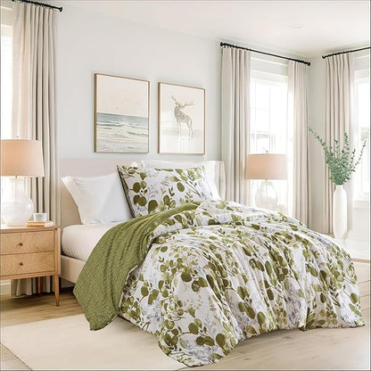 Lightweight Seersucker Botanical Twin Size Comforter Set, 2 Pieces Reversible Design Bed Comforter, Premium Microfiber Bedding Set, Comforter and Sham Set, Olive Green