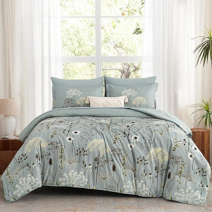 Yiran Dusty Blue Floral Comforter Set Queen Size, 7 Piece Dandelion Botanical Comforter Bedding Set, Bed in a Bag Queen, Soft Microfiber Complete Bedding Set with Sheets for All Season