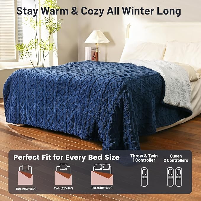 Heated Throw Blanket Electric - 50"x60" Electric Blanket Throw with 9 Heat Levels and 1-10 Hours Timer, Soft Jacquard Fleece & Sherpa Washable, Great Gift Idea - Navy Blue