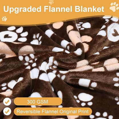Premium Dog Blankets for Small Dogs & Cat Flannel Blanket Washable, Soft Pet Throw Cover for Kennel Crate Bed, Cute Paw Pattern, 31x23 inch,Black/Grey/Brow