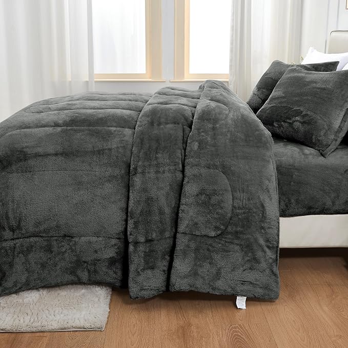 YIYEA Faux Fur Comforter Set Queen Size with Fitted Sheet, Luxury Ultra Soft Fuzzy Comforter, Fluffy Plush Velvet Bedding Comforter Sets for Fall Winter, Cozy Warmth, No Shedding, 4PC, Grey