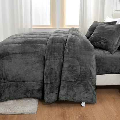 YIYEA Faux Fur Comforter Set Queen Size with Fitted Sheet, Luxury Ultra Soft Fuzzy Comforter, Fluffy Plush Velvet Bedding Comforter Sets for Fall Winter, Cozy Warmth, No Shedding, 4PC, Grey