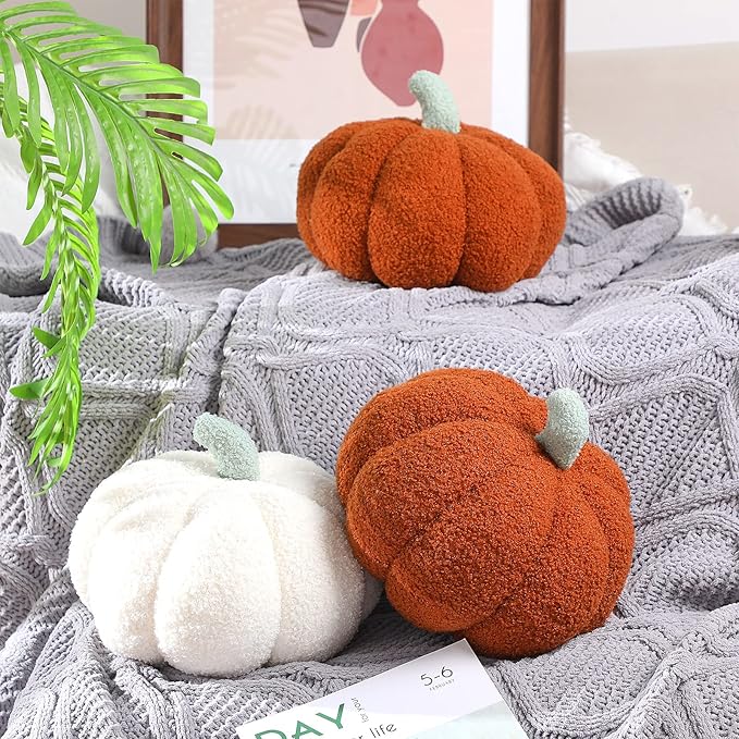 Queekay 2 Pcs Pumpkin Pillow Plush 11 x 9.5 Inch Thanksgiving Stuffed Pumpkin Decor for Fall Home Bedroom Throw Pillow Cushion Gifts for Holiday Operation Christmas Halloween Car Sofa(Brown)
