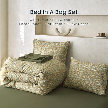Wake In Cloud - Floral Comforter Set with Sheets, Cute Vintage Flower Cottagecore Aesthetic for Women Teen Girls, 7 Pieces Bed in a Bag, Olive Green, Full Size