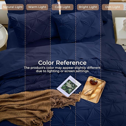 Sasttie California King Comforter Set, 7-Piece Bed in a Bag, Pintuck Bedding Sets for All Season, Includes Comforter, Flat Sheet, Fitted Sheet, Pillowcases and Pillowshams, Navy Blue