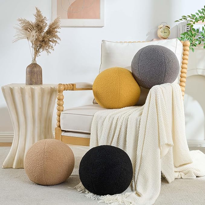 11.8 inch Ball Pillow Round Decorative Pillow Grey Sphere Shaped Throw Pillows Soft Nordic Style Boucle Pillows Cushion for Bed Couch Living Sofa Room Decor