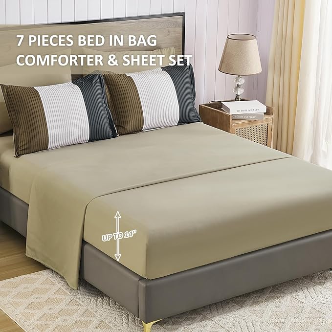 Anibedding 7 Pieces Striped King Size Comforter Set, Brown Black Soft Microfiber Down Alternative Farmhouse Bedding All Season with Comforter, Pillow Shams, Flat Sheet, Fitted Sheet and Pillowcases