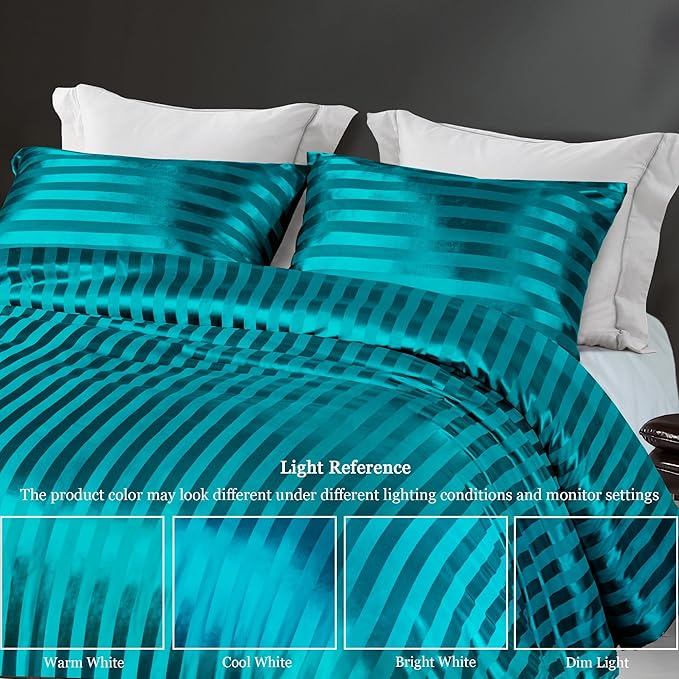 Whale Flotilla 3-Piece Reversible Silky Soft King Size Comforter Set, Luxury Stripe Satin Oversized Comforter Bedding Set with 2 Satin Pillowcases, Lightweight Duvet Set for All Seasons, Turquoise