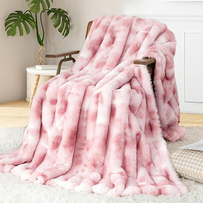Touchat Luxury Faux Rabbit Fur Twin Blanket for Couch, Super Heavy Warm Cozy Throw for Sofa Bedroom Living Room, Ultra Soft Fluffy Reversible Plush Blankets for Home Decor Gifts, Tie-dye Pink