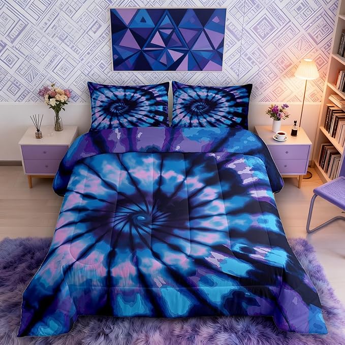 Erosebridal Purple Tie Dye Down Comforter, Blue Spiral Tie Dye Comforter Set, Hippie Bed Comforter Set, Boho Bohemian Gypsy Hippie Bedding Sets, Abstract Printed Quilt Set and 1 Pillowcase, Twin Size