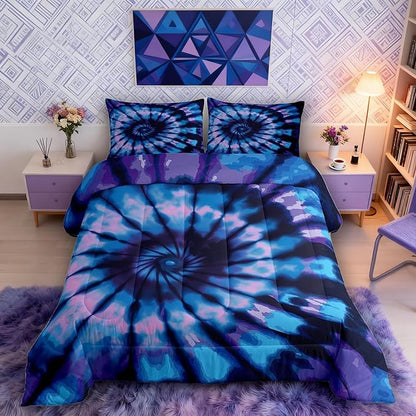 Purple Tie Dye Down Comforter Set, Blue Spiral Tie Dye Comforter, Hippie Boho Bohemian Gypsy Bedding Set, Abstract Printed Quilt Set and 2 Pillowcases, Full Size