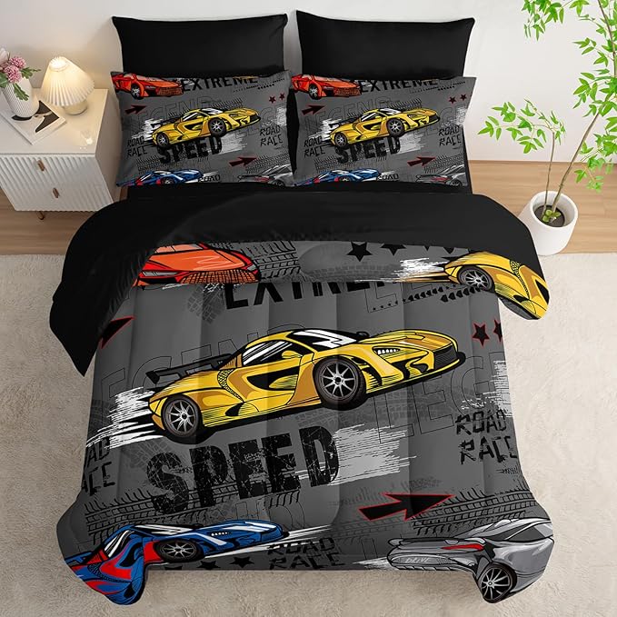 7 Piece Race Car Comforter Set with Sheets Queen Bed，Race Car Queen Bedding Sets for Boys，(1 Comforter, 1 Flat Sheet, 1 Fitted Sheet, 2 Pillowcase and 2 Pillow Sham)