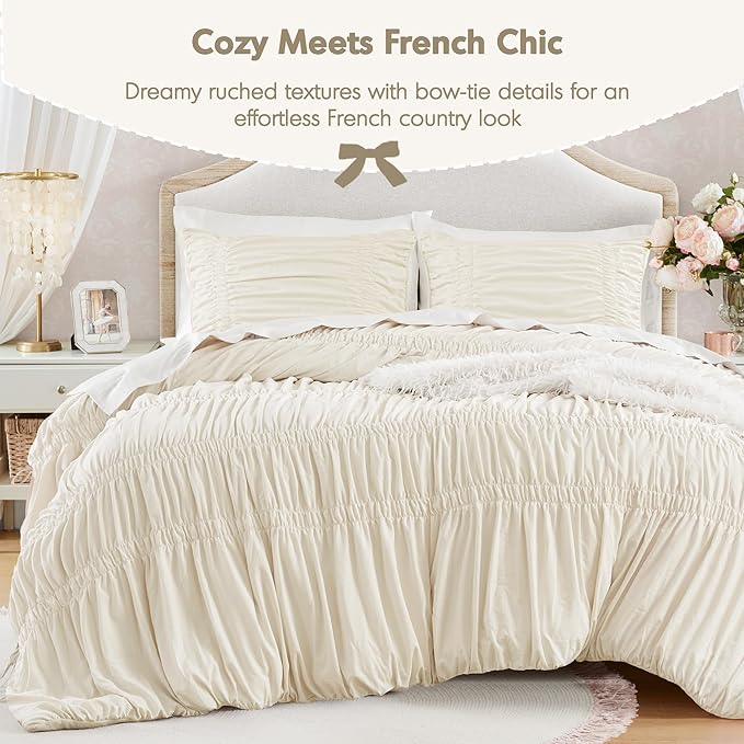 Intelligent Design Ruched Shabby Chic Comforters for Queen Size Bed, All Season Lightweight Comforter Queen, French Country Bedding Set, Sham, Ella, Full/Queen, Ivory, 3 Piece