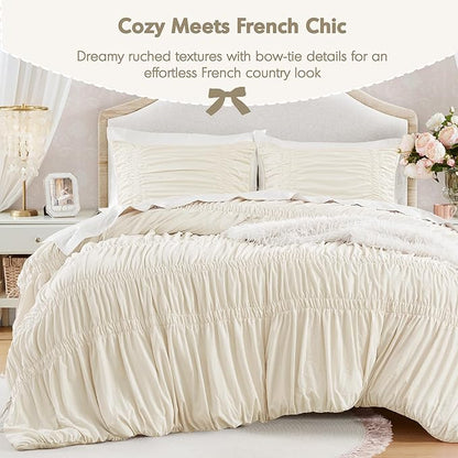 Intelligent Design Ruched Shabby Chic Comforters for Queen Size Bed, All Season Lightweight Comforter Queen, French Country Bedding Set, Sham, Ella, Full/Queen, Ivory, 3 Piece