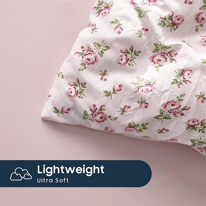 Wake In Cloud - Floral Comforter Set, Coquette Cottagecore Aesthetic Flower Shabby Chic Pattern for Women Teen Girls, Soft Lightweight Bedding, 3 Pieces, Pink, Full Size