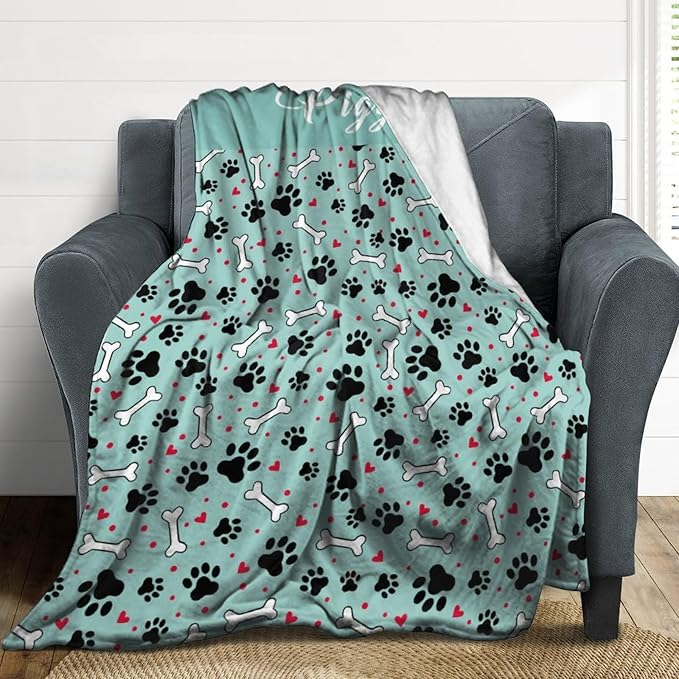 Personalized Paw Print Dog Blanket With Pets Name, Custom Pet Name Blanket for Small Medium Large Dogs, Customized Puppy Blanket, Dog Memorial Throw Blanket Gift for Dog Lovers Mom Dad
