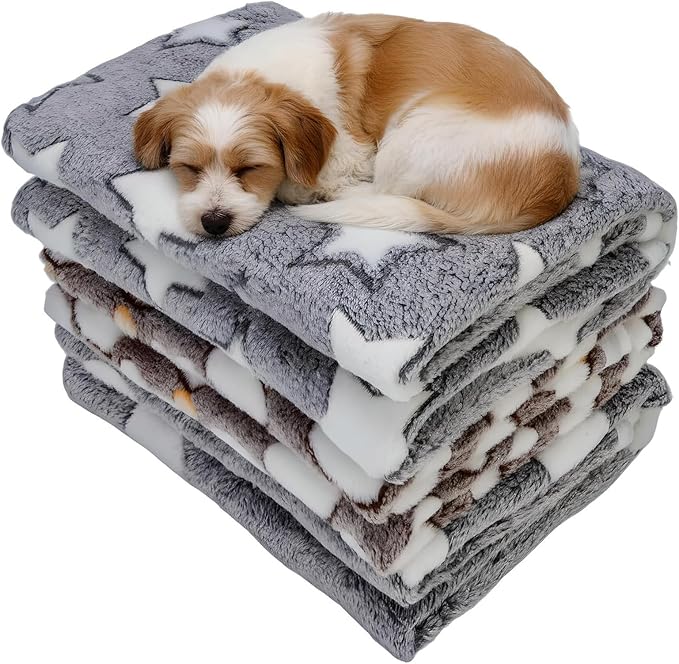 Three Piece Pet Blanket Set for Dogs Cats Soft Comfy Puppy and Kittens Bed Blanket Fluffy Fleece Pets Throw with Cute Patterns (Medium 30x20.5 inch, Gray)