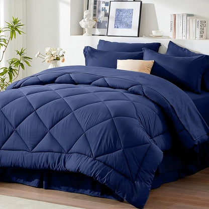 Newspin California King Comforter Set Blue - Bed in a Bag California King Size 8 Pieces, All Season Bed Set, Fluffy Comforter Set with Sheets, Sheet Set Quilt Blanket, Pillowcases & Shams & Bed Skirt