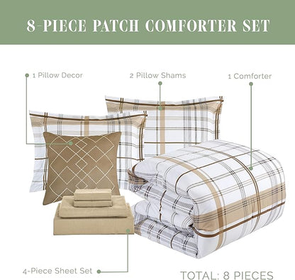 Elegant Comfort 8-Piece Lodge Plaid Reversible Comforter Set - All Season Bed in a Bag, 4-Piece Sheet Set Featuring Smart Pockets, Matching Shams and Decorative Pillow, Twin/Twin XL, Taupe
