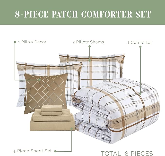 Elegant Comfort 8-Piece Lodge Plaid Reversible Comforter Set - All Season Bed in a Bag, 4-Piece Sheet Set Featuring Smart Pockets, Matching Shams and Decorative Pillow, Full/Queen, Taupe