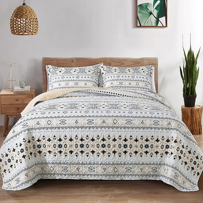 BEDIFANY Boho Quilt Bedding Set, 3 Pieces Stripe Queen Bedspread Lightweight Boho Queen Quilt, All-Season Bed Spread Coverlet Set for Bed Decoration