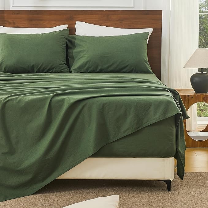 Bedlifes 100% French Linen Sheets King Size 18-24”Extra Deep Pocket 4-Piece Set Breathable & Moisture-Wicking,Soft & Durable Sheets for Thick Mattresses((Forest Green)