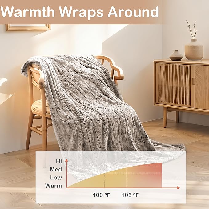 Electric Heated Blanket Throw Size 50"x60", Fast Heating Throw, Plush Faux Fur for Sofa & Office,4 Heating Levels & 10 Hours Auto Off, Machine Washable, Gifts for Family-Light Brown