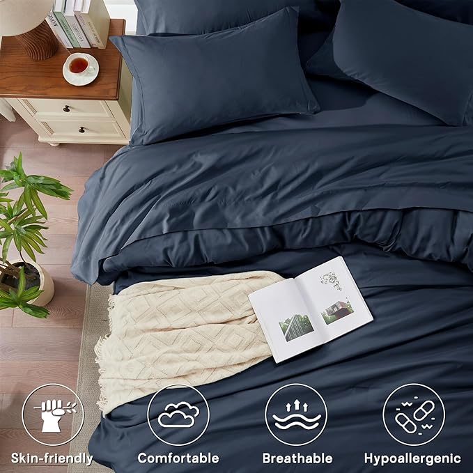 Anluoer Navy Blue King Comforter Set 7 Pieces, Bed in a Bag with Sheets, All Season Bedding Sets with 1 Comforter, 2 Pillow Shams, 2 Pillowcases, 1 Flat Sheet, 1 Fitted Sheet