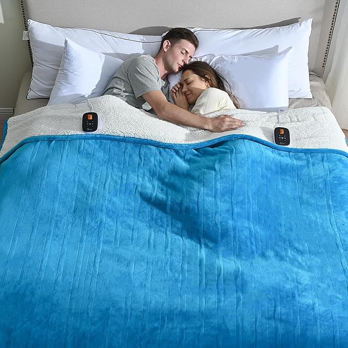 Heated Electric Blankets - Soft Flannel Heating Throw Electric Blanket with 6 Heat Settings King Size 100" × 90" Teal - Velvet & Sherpa