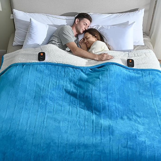 Heated Electric Blankets - Soft Flannel Heating Throw Electric Blanket with 6 Heat Settings Queen Size 84" × 90" Teal - Velvet & Sherpa