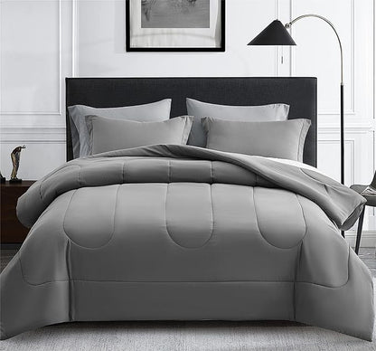 Maple&Stone California King Size Comforter Set 7 Pieces Bed in a Bag - Down Alternative Bed Set with Sheets, Pillowcases & Shams, Soft Reversible Duvet Insert,Grey