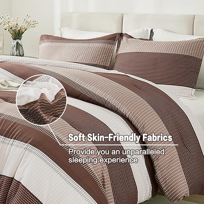 Litanika Brown Comforter Set California King - 3 Pieces Lightweight Brown White Colorblock Stripe Fluffy Bedding Comforter Sets, All Season Bed Set