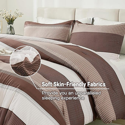 Litanika Brown Comforter Set Twin/Twin XL - 2 Pieces Lightweight Brown White Colorblock Stripe Fluffy Bedding Comforter Sets, All Season Bed Set