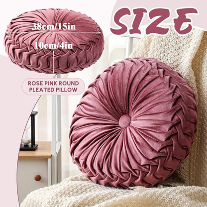 2 Pcs Round Throw Pillows Decorative Velvet Pleated Throw Pillows 15'' Diameter Accent Pumpkin Boho Chair Cushion for Couch Sofa Home Decoration (Dusty Rose)