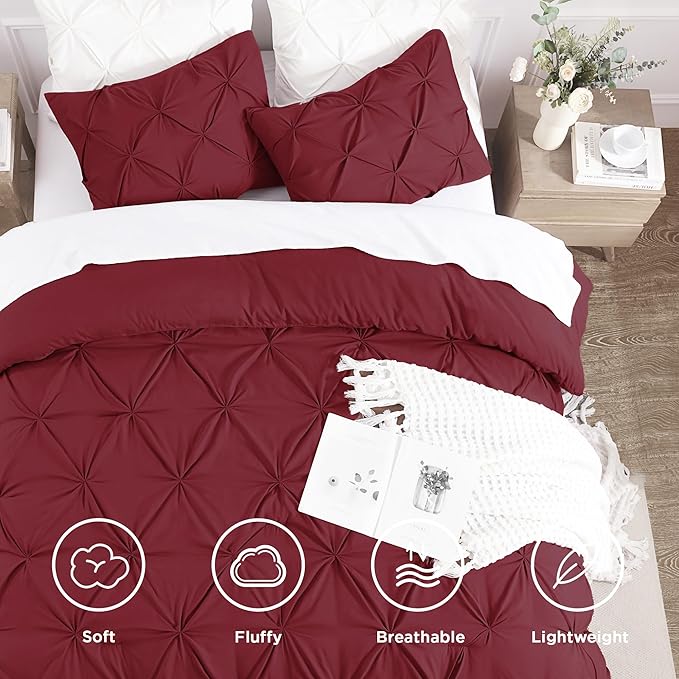Andency California King Comforter Set Burgundy (104x96Inch), Pinch Pleat Cal King Comforter Set 3 Pieces, Oversized King Pintuck Bed Comforter, Microfiber Down Alternative Comforter Bedding Set