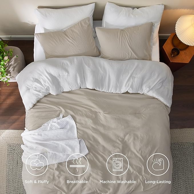 Bedsure Full Comforter Set, Beige White Soft Prewashed Bedding for All Seasons, 3 Pieces GentleSoft™ Bed Set, 1 Lightweight Comforter (82"x86") and 2 Pillowcases (20"x26")