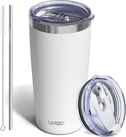 Travel Coffee Tumbler 20oz, Leakproof Travel Coffee Mug with Dual Lids and Straw, Stainless Steel Double Wall Vacuum Insulated Tumbler for Hot/Iced Drinks (White, Textured Matte)