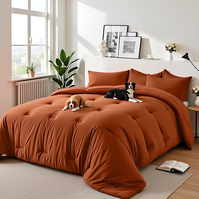 Twin Comforter Set 5 Piece - Soft Bed in a Bag Queen Size Comforter Sets, Cozy Luxury Bedding Sets with All Season Comforter, Flat Sheet, Fitted Sheet,Pillowcases & Shams, Orange